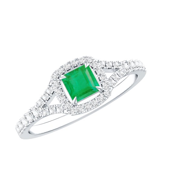 Rosec Jewels Emerald Engagement Ring with Split Shank (AAA Quality) - Princess Cut Emerald Ring with Diamond - with Jewelry Box, 925 Sterling Silver, US 4.00