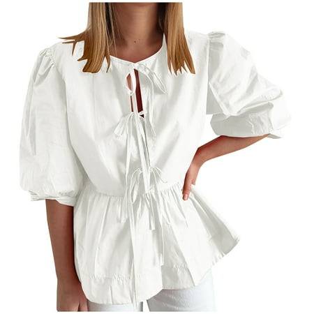 Mittory Women Bow Tie Front Shirt Top Cute Puff Sleeve Peplum Ruffle Babydoll Blouse Lace Up Summer Going Out