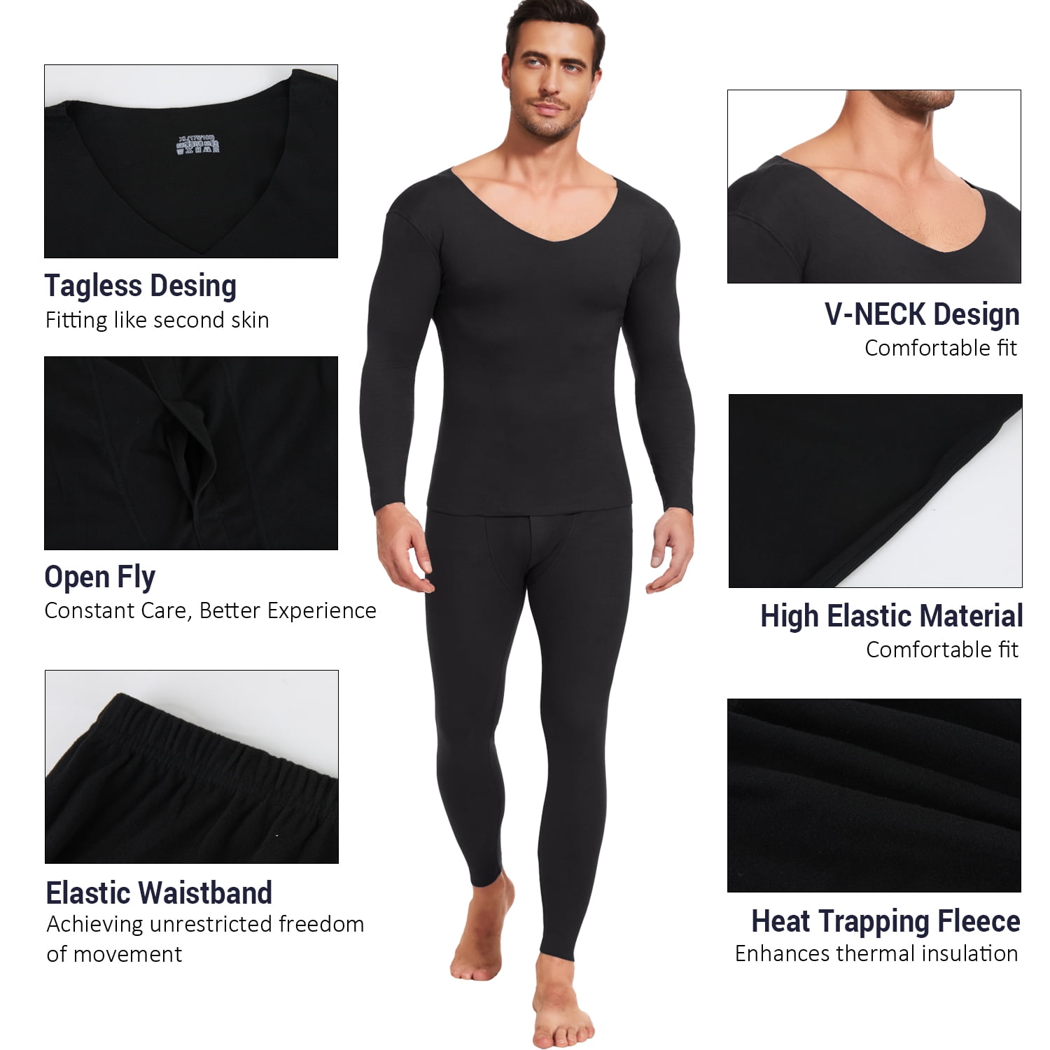 Lalamelon Men's Thermal Underwear Sets Fleece Lined Base Layer V Neck Long Johns Top Bottom Set