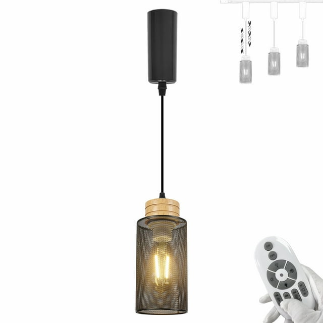 FSLiving Adjustable Height H Type Track Mount Timer Pendant Lighting Retro Grid Hollowing Designed Shade Wooden Socket Industrial Style, Remote Control, 2200K-6500K Decorate for Kitchen Island