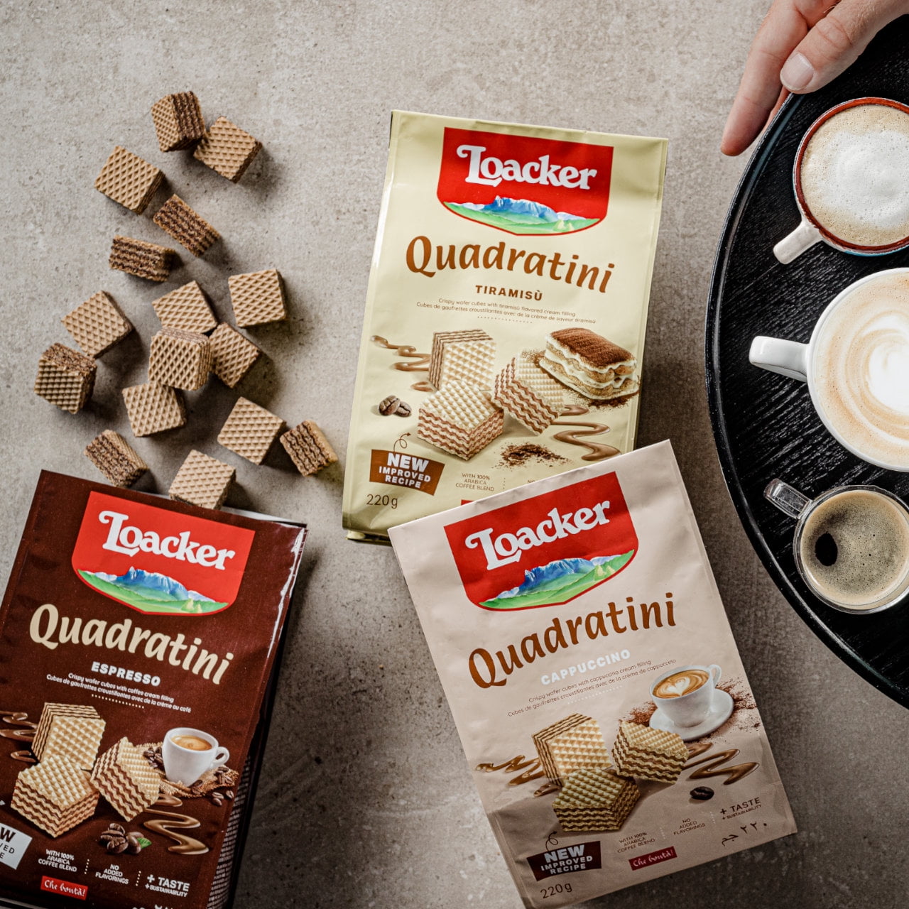 Loacker Quadratini Cappuccino, Non-GMO Cream-Filled Bite-Size Wafer Cookies, 7.76 oz, Pack of 6