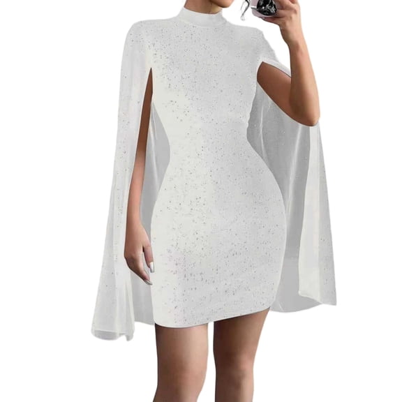 Women'S Elegant Long Sleeve Flutter Sleeve Bodycon Dress with Rhinestone Detail Step Skirt White XL