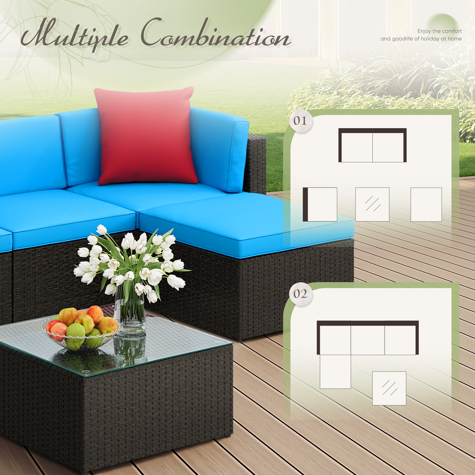 Lacoo 5 PCS Patio Outdoor Furniture Wicker Sectional Sofa with Cushion, Blue