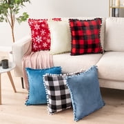 PAVILIA Dusty Blue Throw Pillow Covers with Pom Pom 18x18 Set of 2, Decorative Pillow Cases for Bedroom Aesthetic, Small Throw Pillows Set for Bed, Velvet Euro Plush Cushion Covers for Sofa Couch