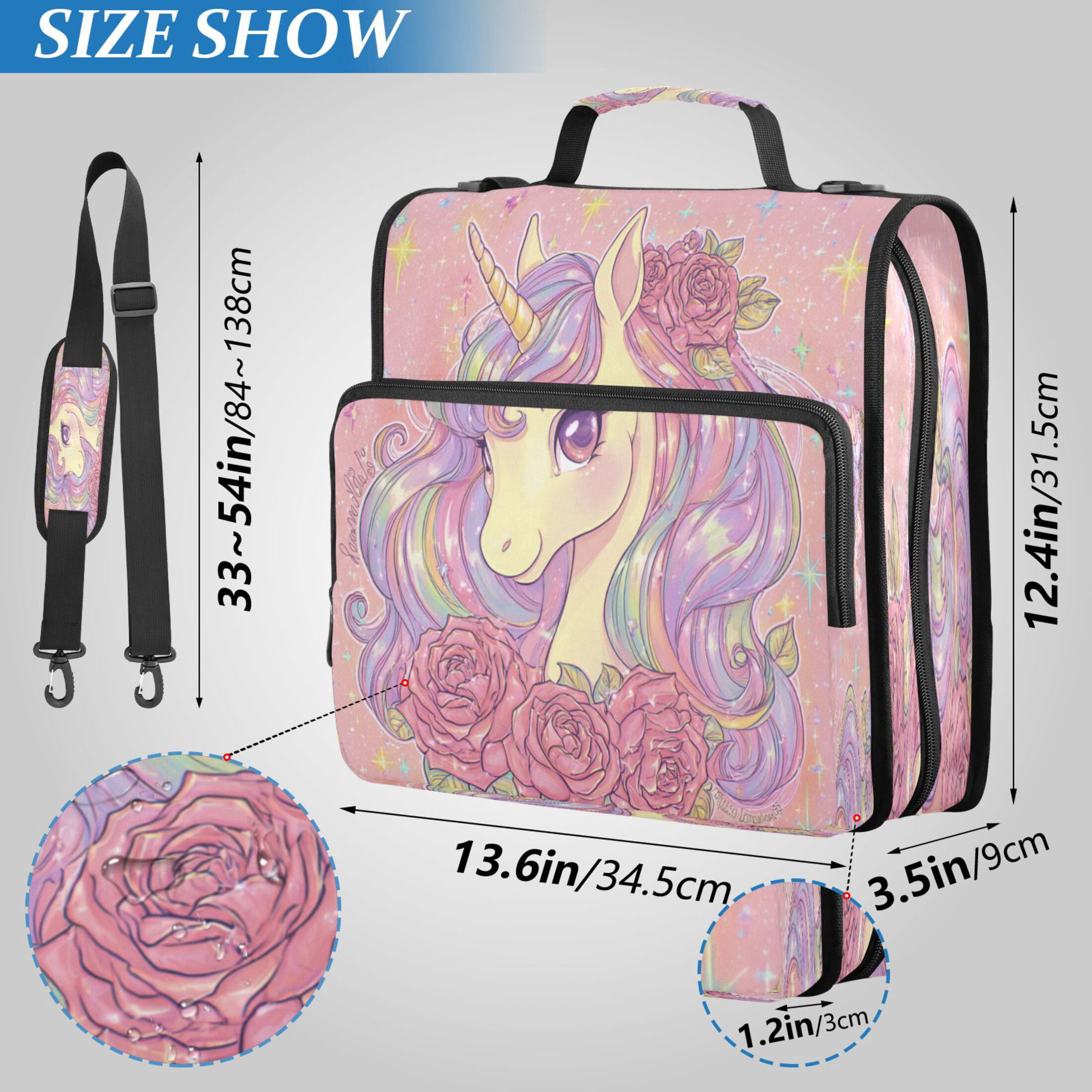 Zipper Binder 3 Rings Stationery Office Files Daily Organizer File Folder Storage Bag Cute Unicorn with Elegant Roses