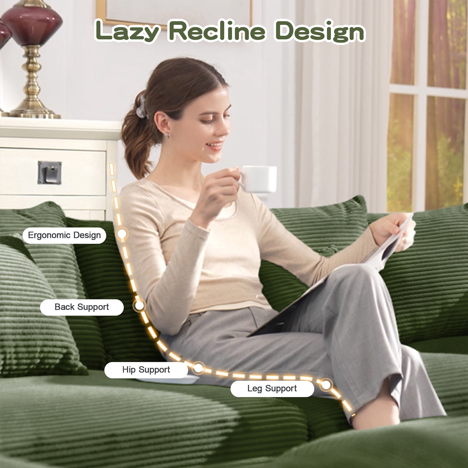 117" Modern Corduroy Sectional Couches for Living Room, Comfortable Corner Couch Sofa, Green 3 Seater Corner Couch for Flexible Layout, Muebles para la Sala, Oversized Sofa Set