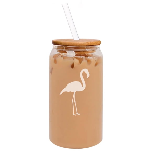 16oz Can Shaped Glass Iced Coffee Cup with Bamboo Lid and Straw Gift Flamingo