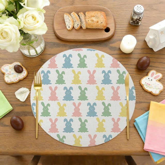 Uuiauoio Round Easter Placemats Set of 1, Easter Egg Bunny Rabbit Place Mats Flower Seasonal Spring Table Decor for Home Party Kitchen Dining Tableware Decorations
