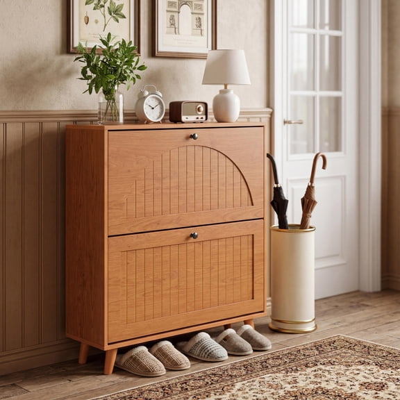 Narrow Shoe Cabinet with Adjustable and Removable Shelves, 2 Flip Drawers, Oak, for Entryway and Hallway