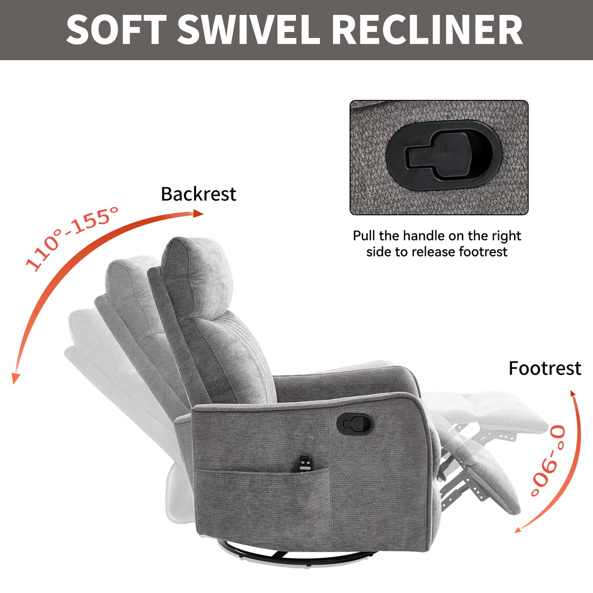 Gewnee 360° Swivel Rocking Recliner with Massage & Heat, Adjustable Reclining Angle, for Living Room & Office，Dark Gray