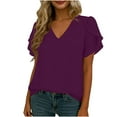 thumbnail image 5 of HomeDM Women's V Neck Summer T Shirts, Petal Short Sleeve Pullover Shirts Solid Color Basic Loose Fit Tee - Purple/L, 5 of 9