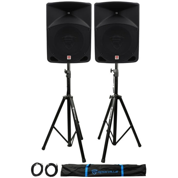 Pair Rockville RPG10 10" 1200w Powered PA/DJ Speakers   2 Stands   2 Cables Bag