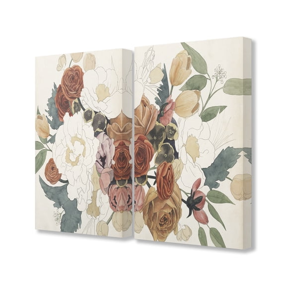 The Stupell Home Decor Soft Magnolia and Rose Floral in Cream Rust and Yellow Tones Canvas Wall Art, 2pc, each 16 x 20