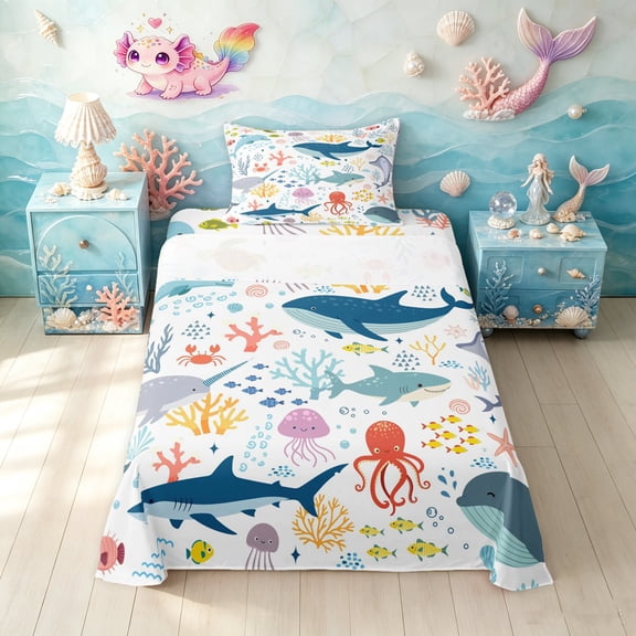 Manfei Cartoon Sea Shark Twin Sheets, Undersea Animal Bedding, White Blue, 3-Piece, 1 Flat Sheet, 1 Fitted Sheet and 1 Pillowcase