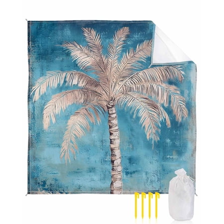 Beach Blanket Waterproof Sandproof Turquoise Palm Tree Beach Blankets with Stakes Quick Dry Sand Free Outdoor Picnic Mats Summer Tropical Jungle Large Beach Mat for Sand Camping Hiking 108 x84