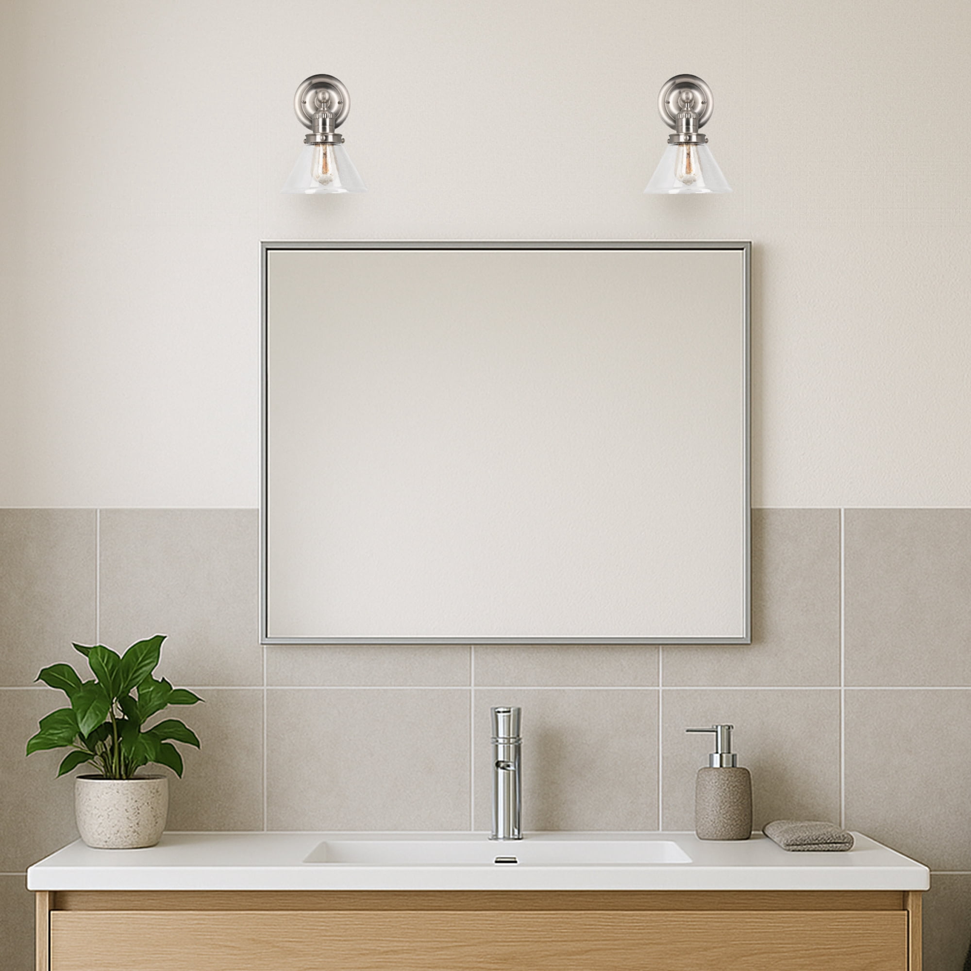 Corwin Wall Sconce, 1-Light Satin Nickel Fixture with Seeded Glass, Dimmable, Dual Mount, 7.9 in L x 8.5 in D x 11.1 in H