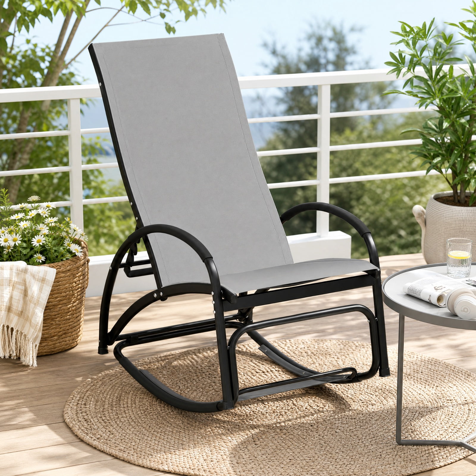 Furnibear 2 in 1 Outdoor Rocking Chair with 4 Position Adjustable Backrest and Aluminum Frame for Patio Porch and Poolside, Gray