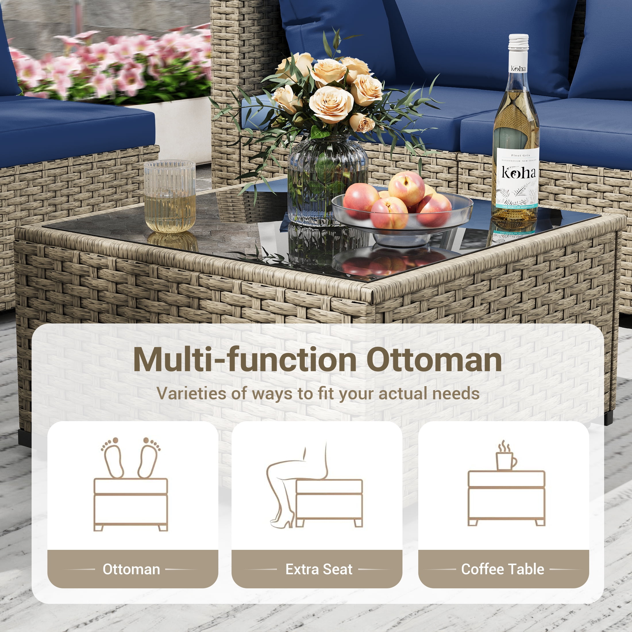 POTEBAN 5 Pieces Outdoor Patio Furniture Set, Outdoor Wicker Patio Conversation Set with Cushions for Backyard, Porch, Garden(Navy Blue)