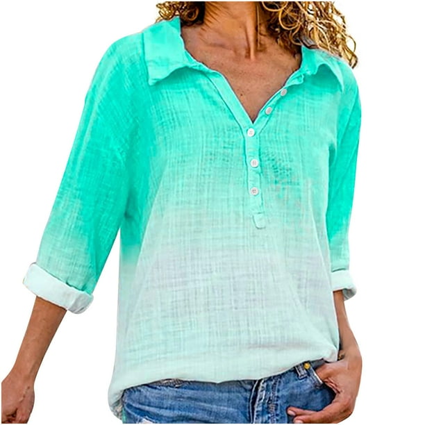 Camisas abotonadas de manga larga con cuello en V fruncido para mujer Tops delgados versátiles Pompotops FGAJ13717