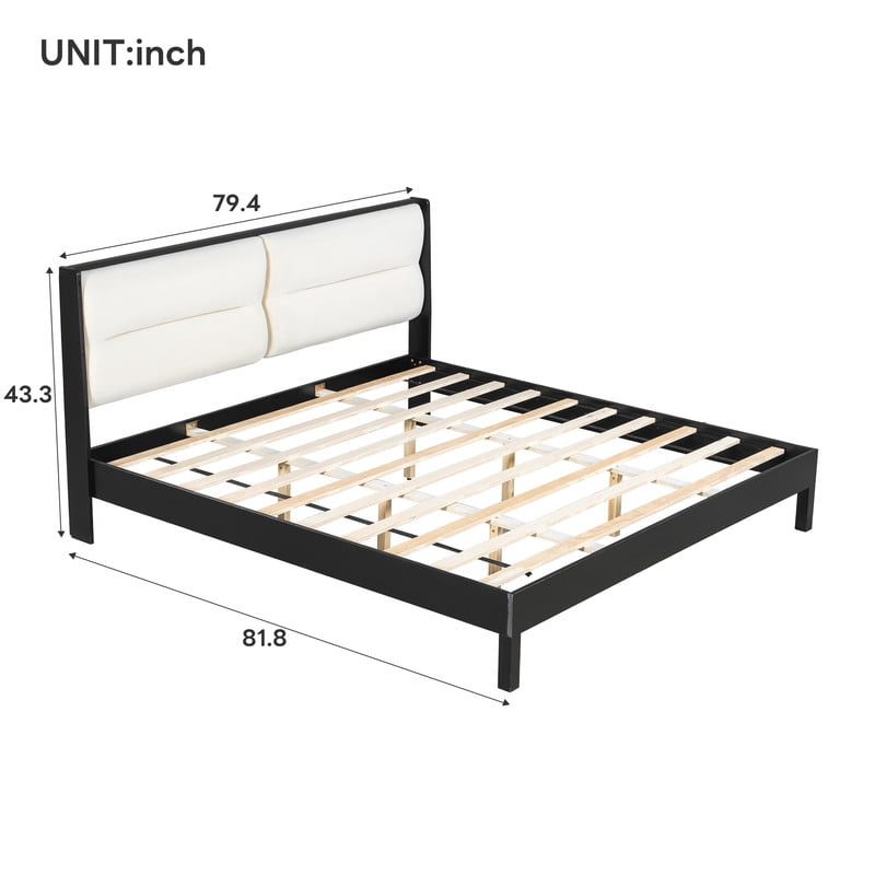 Wooden King Size Platform Bed with Velvet Upholstered Headboard, Low-Profile Bed Frame with Slat Support No Box Spring Needed