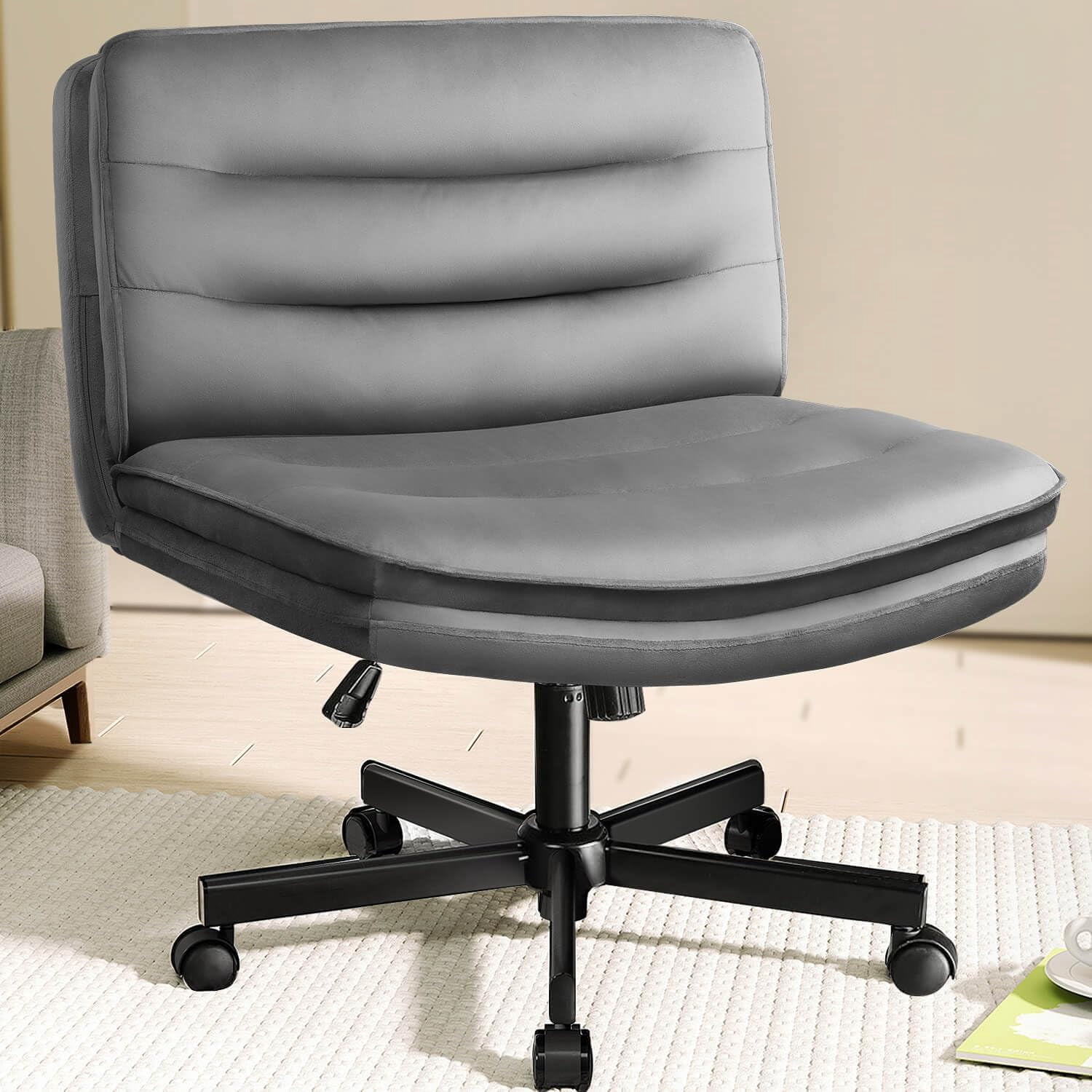 COMHOMA Armless Office Desk Chair with Wheels, Fabric Padded Cross Legged Office Chair, Modern Swivel Vanity Chair Height Adjustable Wide Seat Computer Task Chair, Gray