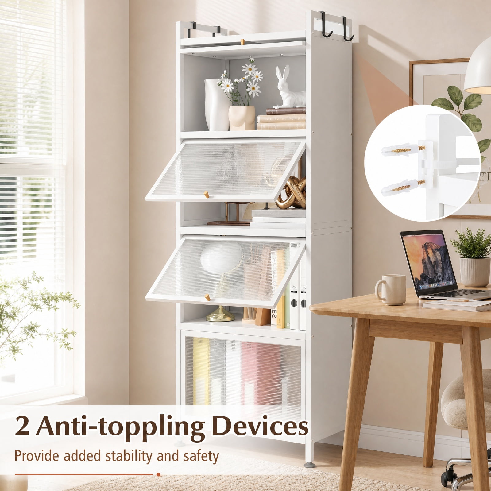 RUIE 5-Tier Kitchen Baker's Rack with Flip-up PC Doors, Rolling Storage Cabinet Pantry Organizer with Universal Wheels and Removable Hooks, White