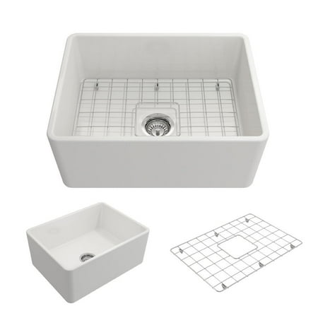 Bowl Fireclay Farmhouse Apron (BOCCHI Classico Farmhouse Apron Front Fireclay 24 in. Single Bowl Kitchen Sink with Protective Bottom Grid and Strainer in)