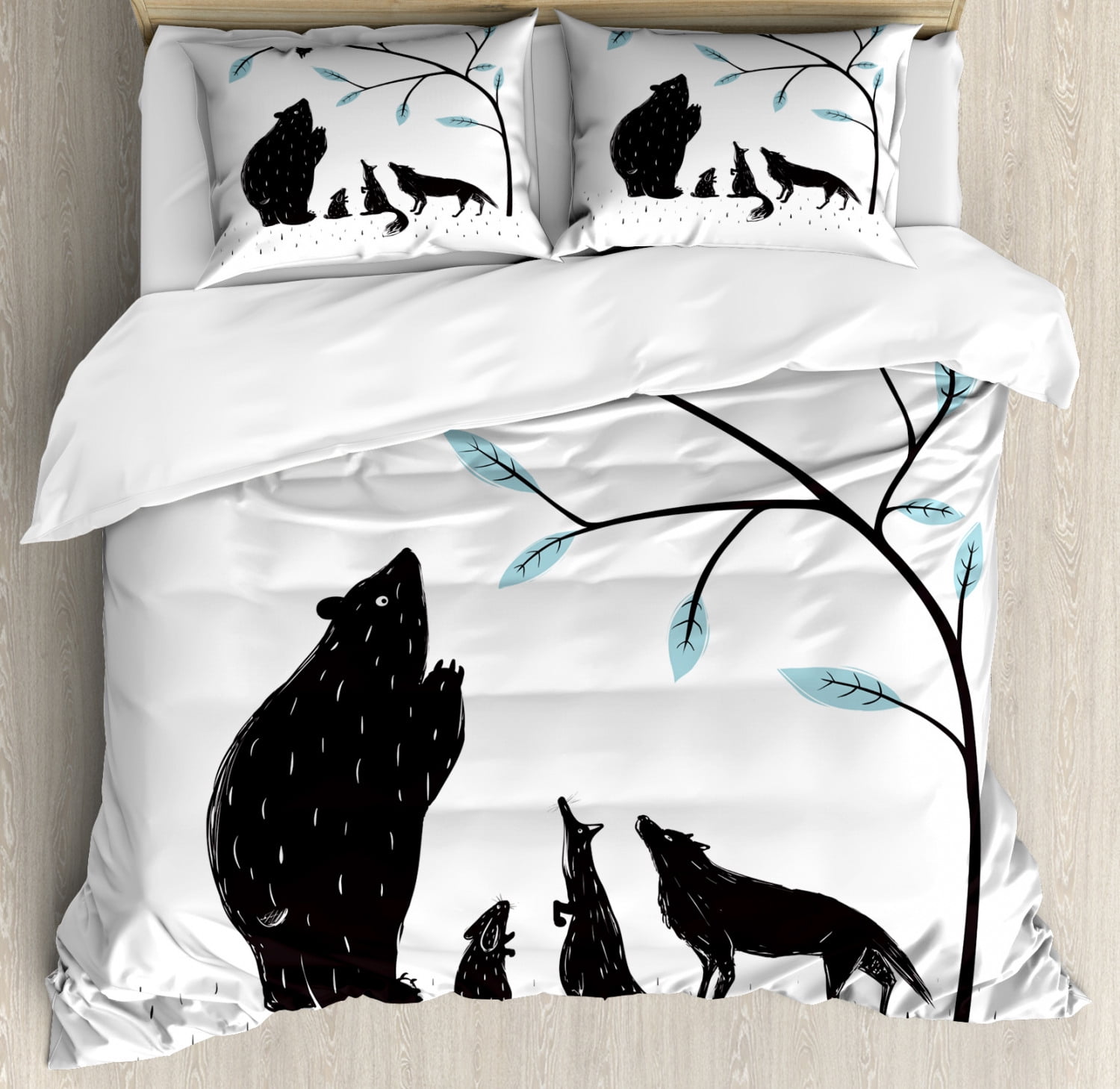 Animal Print Duvet Cover Set, Artistic Design Forest Fauna Bear Crow