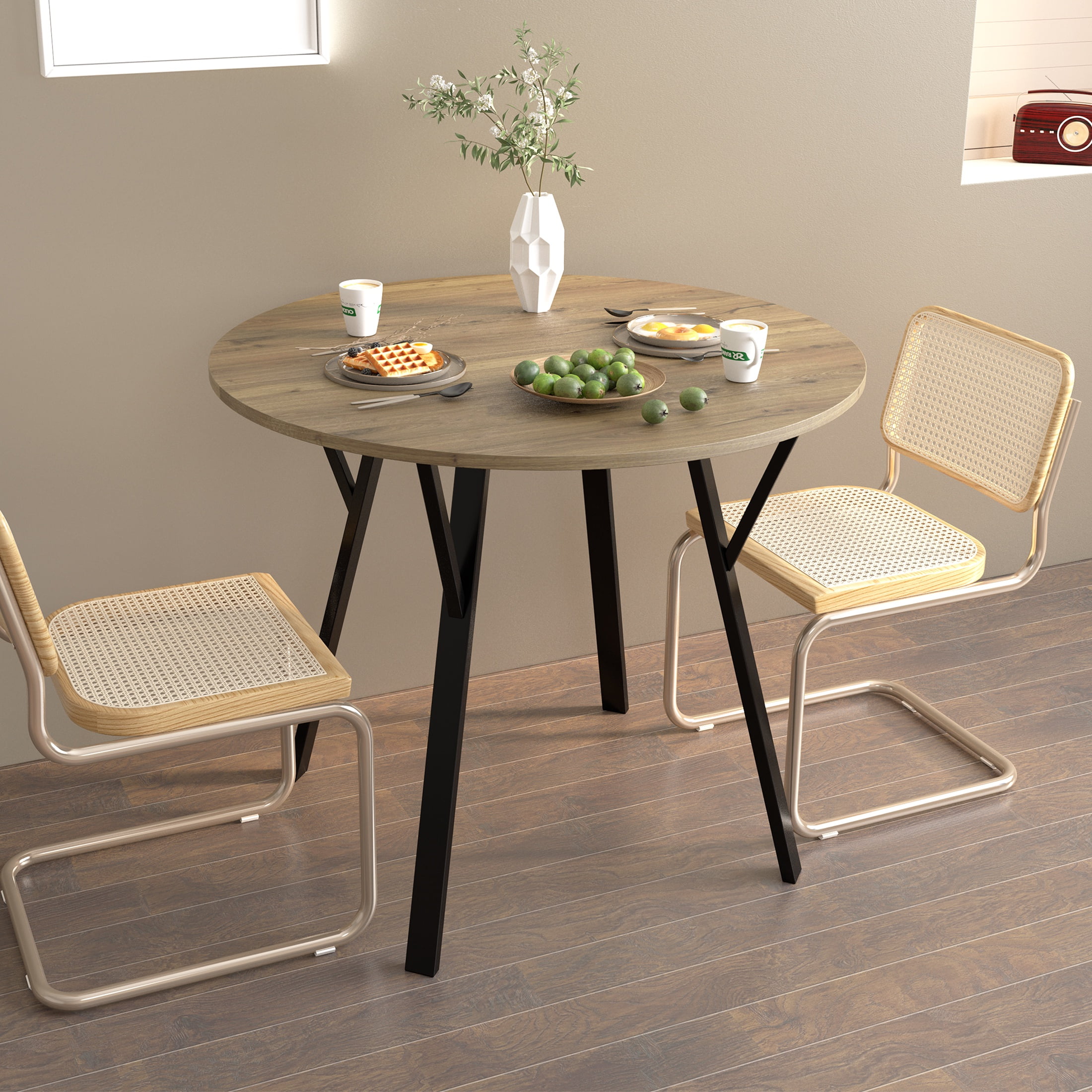 PORKISS Round Dining Table for 4, Small Circle Kitchen Table with Metal Black Legs for Kitchen Living Room (Only Table), 35.43" Table, Rustic Brown