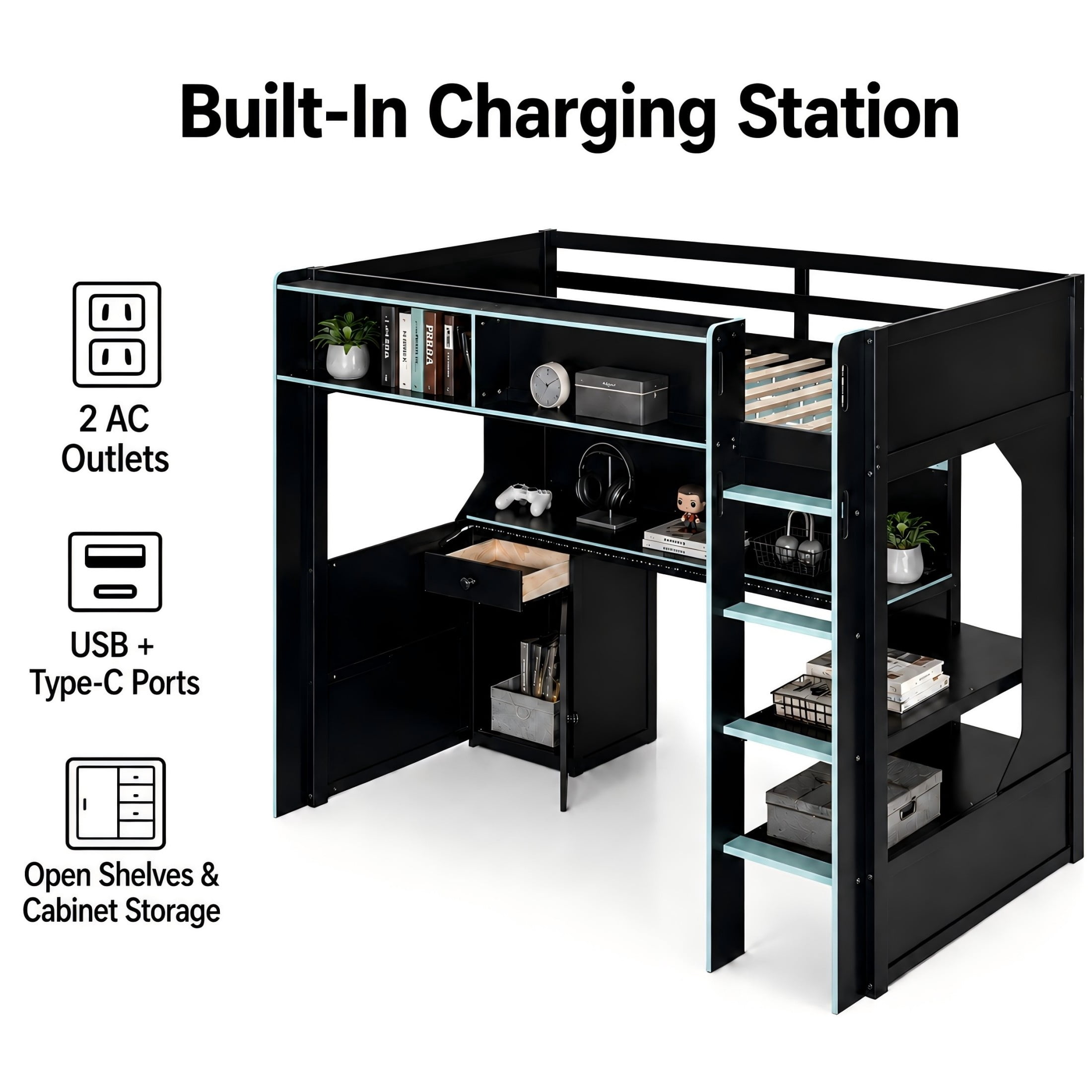 Aukfa Twin Size Gaming Loft Bed with Desk, LED Lights, Charging Station & Storage Shelves/Cabinet, Wooden Bed Frame for Kids, Black/Blue