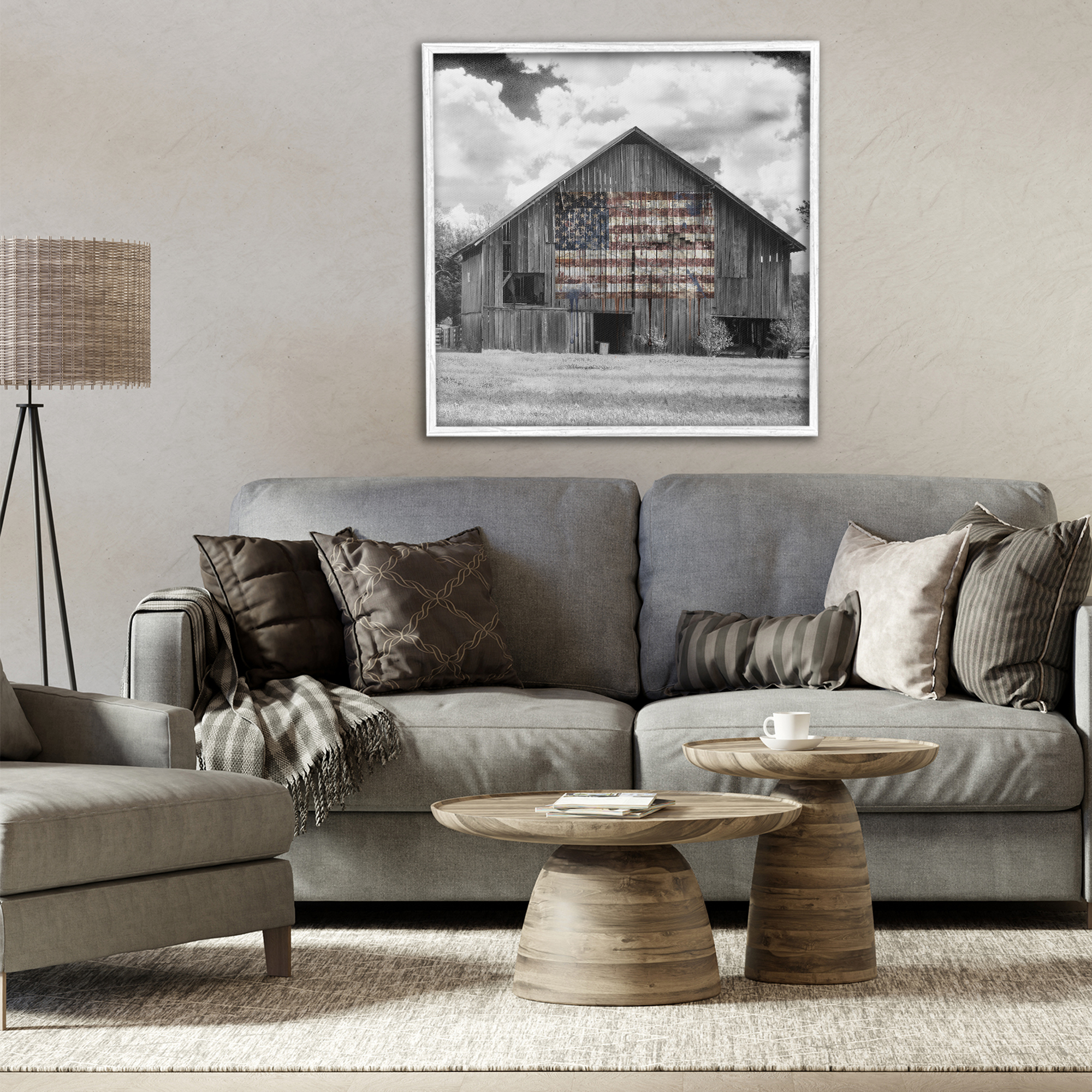 USA Flag Monochrome Barn White Framed Giclee Art, design by Decent Exposures