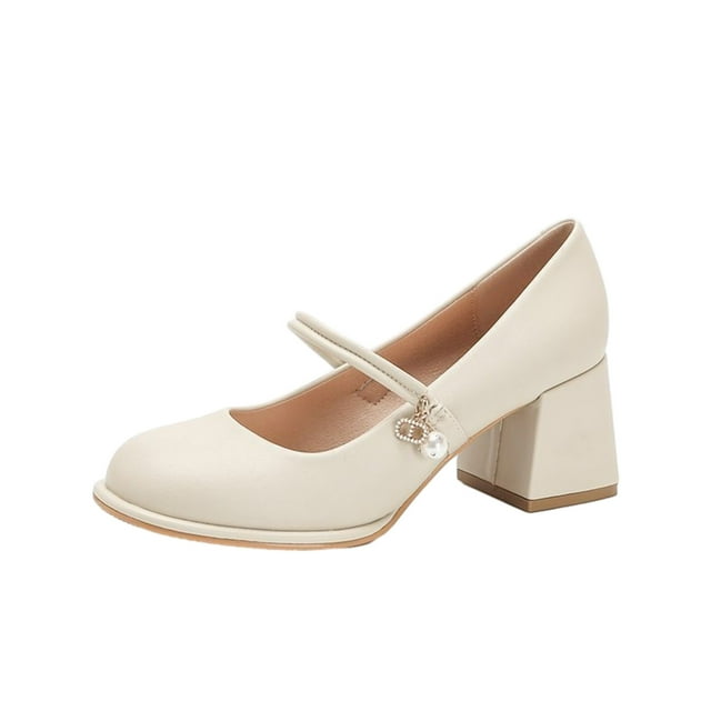 Chaussures Mary Jane pour Femme à Talons Hauts Couleur Unie Perle Strass Bout Rond Talon Épais Escarpins Chaussures Talon Haut 3 cm Blanc