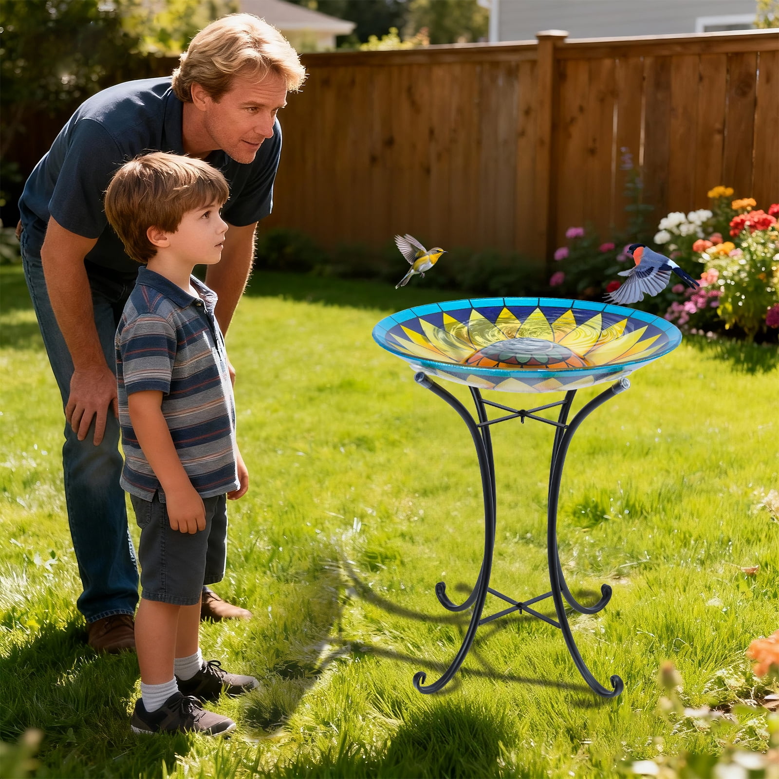 Outdoor Bird Bath, Large Glass Bird Baths Bowl with Metal Stand, Solar Sunflower Birdbaths for Outside Garden Lawn Yard Decor, 18”Dia 21.65”Height