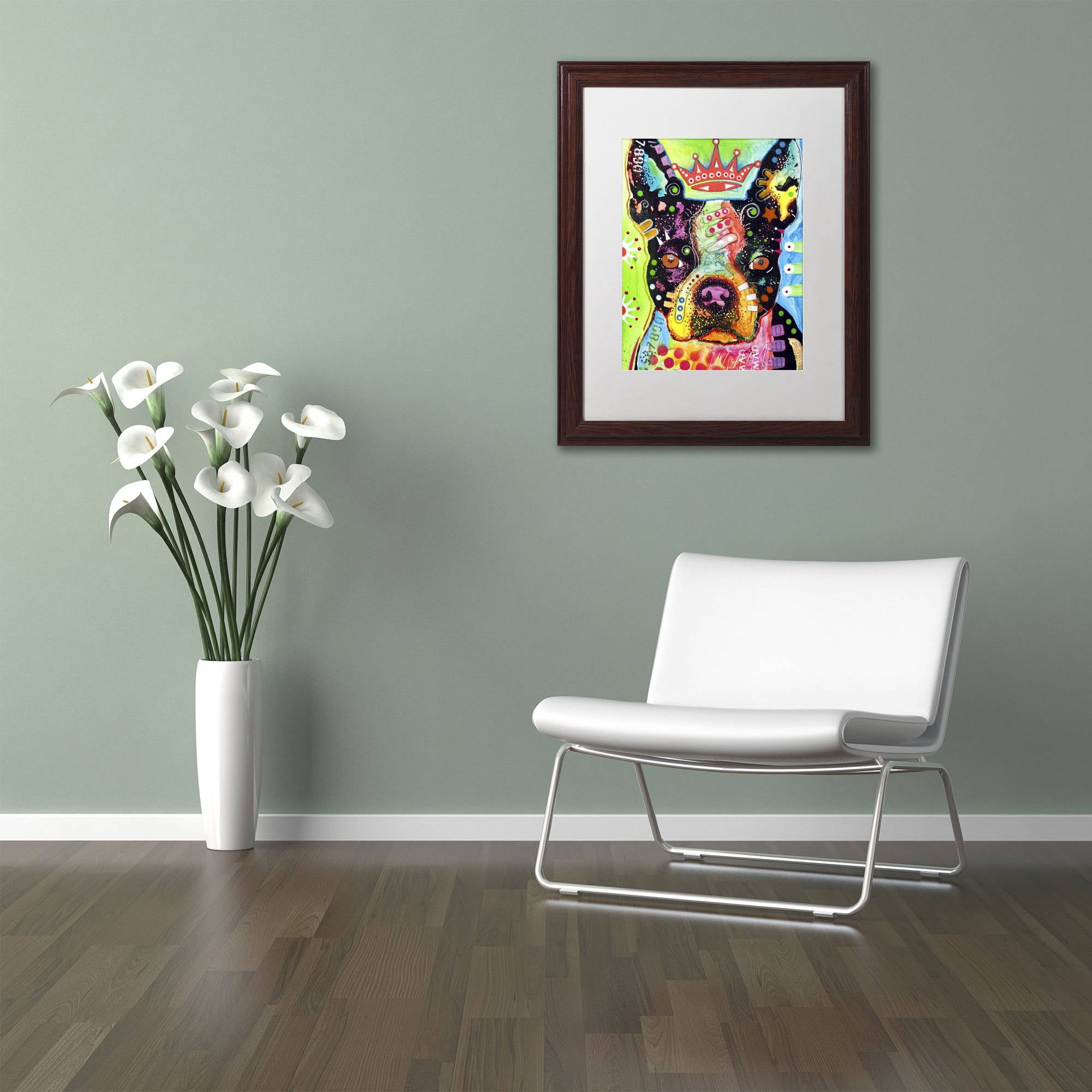 Trademark Fine Art "Boston Terrier Crowned" Canvas Art by Dean Russo, White Matte, Wood Frame