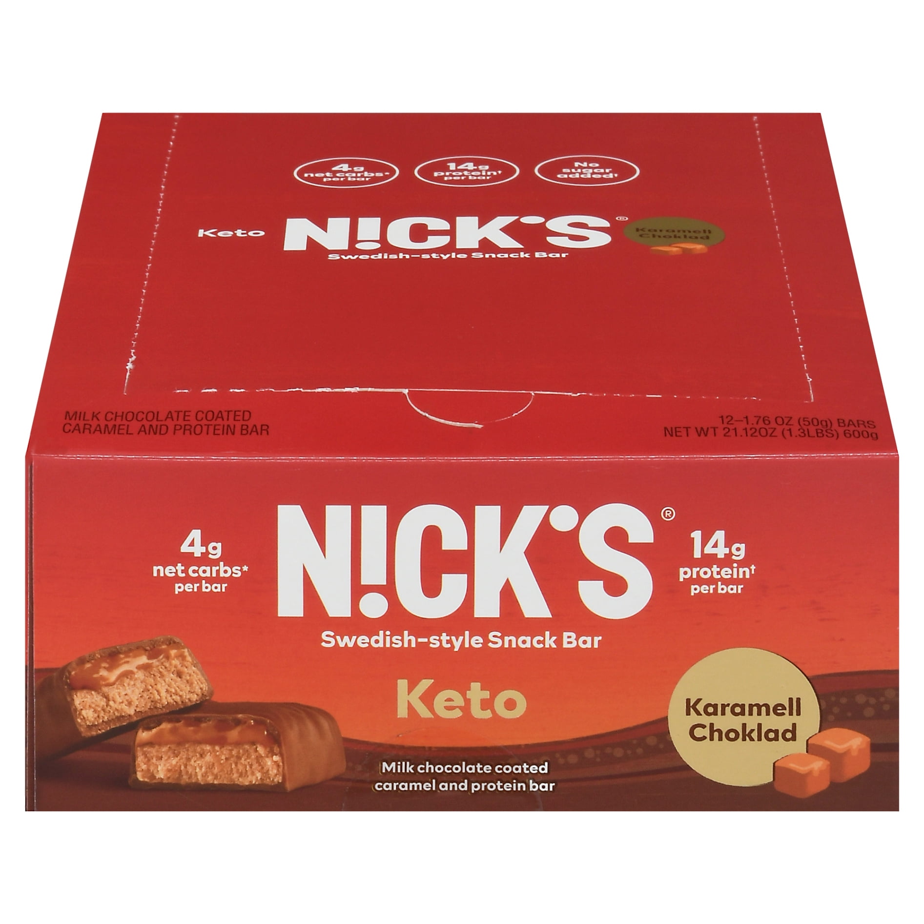 N!CK’S Keto Snack Bar, Karamell Choklad, 4g Net Carbs, 14g Protein, No Added Sugar, 5g Collagen, Low Carb Protein Bar, Low Sugar Meal Replacement Bar, Keto Snacks, 12-Count
