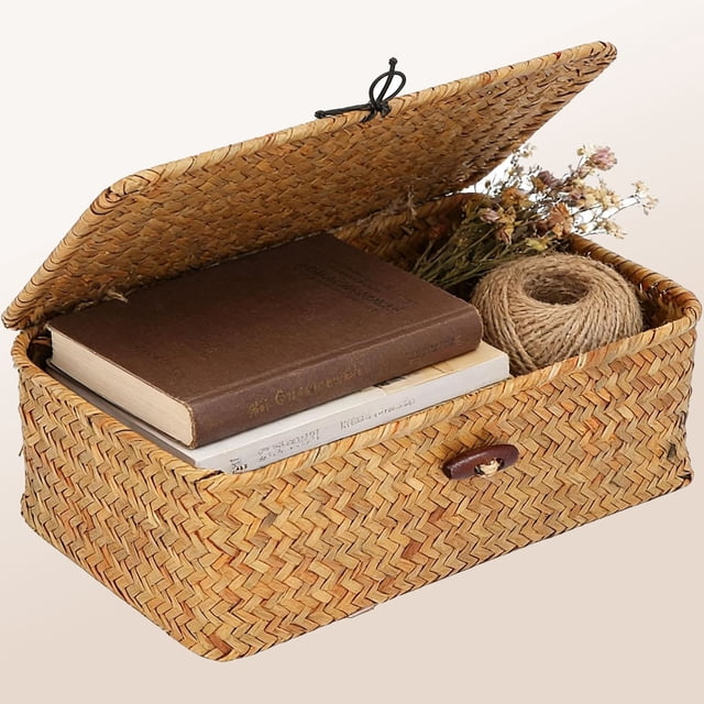 Cesta de Almacenamiento, Cestas de Almacenamiento de Pastos Marinos Naturales Caja de Tejida a Mano Multiusos Cestas Tejidas para Almacenamiento con Tapa Organizador Caja