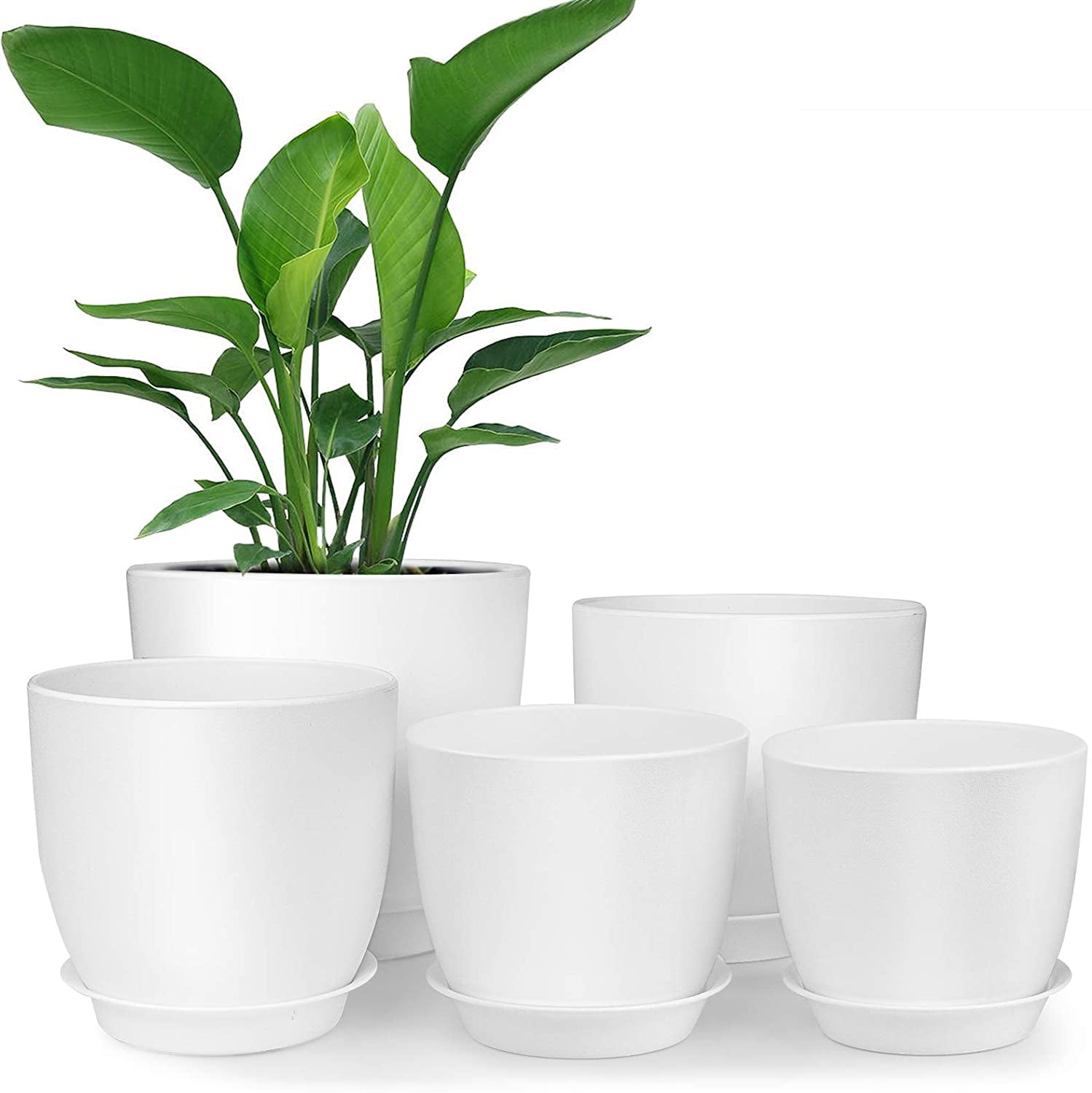 Set of 3 006 White POTEY 7/6/5 Inch Indoor Pot with Drainage Hole and Trays for All House Plants Plastic Plant Pot 
