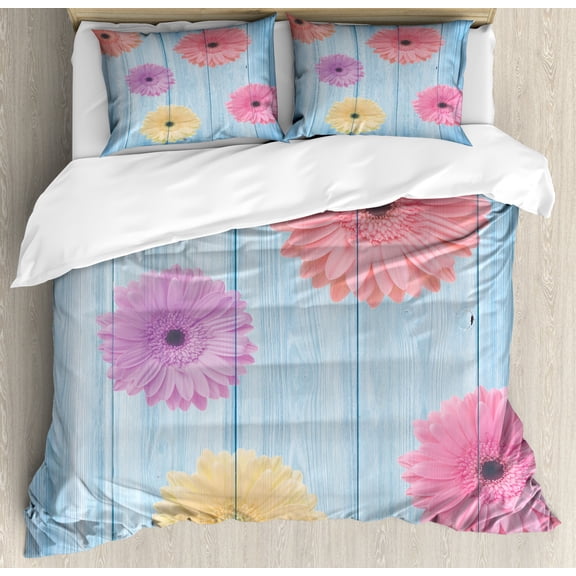 Rustic Duvet Cover Set Queen Size, Calendula Florets Plants Wooden Rustic Board Spring Season Inspired Nature Display, Decorative 3 Piece Bedding Set with 2 Pillow Shams, Multicolor, by Ambesonne