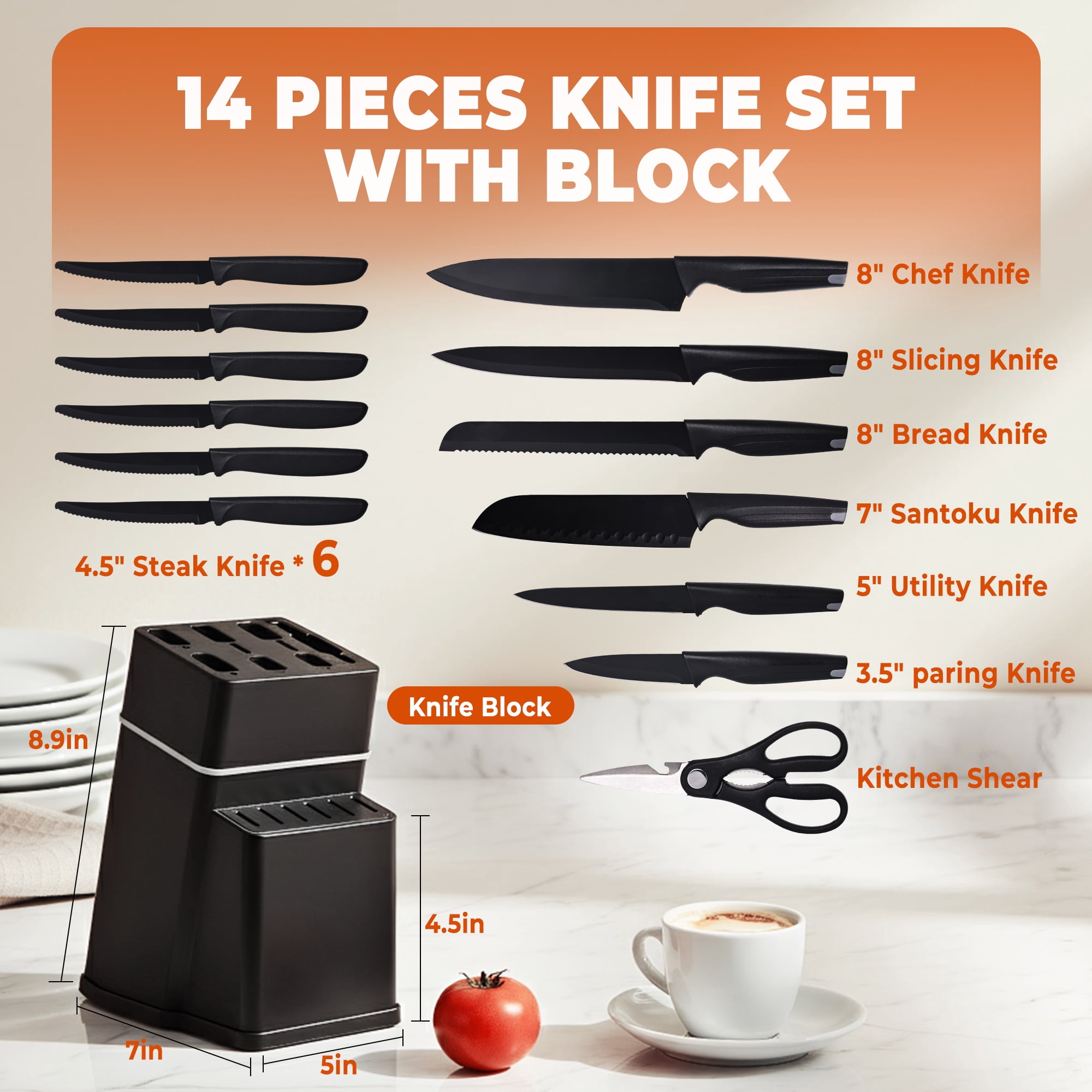 HDJ Kitchen Knife Set, 14Pcs Knife Set with Block and Built-in Sharpener, Healthy Anti-Rust Coating, Black