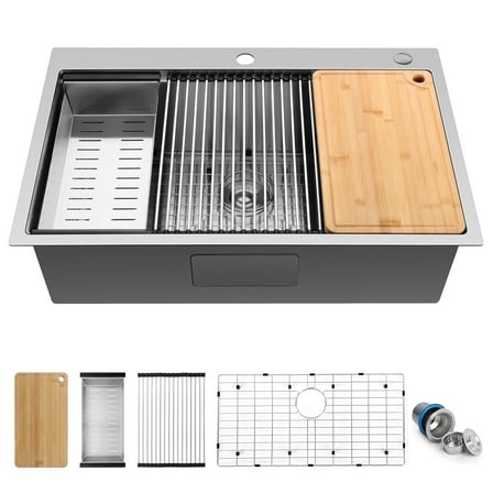 Vesteel Workstation Kitchen Sink, 33” x 22” Drop In Stainless Steel Single Bowl Sink Basin, Topmount Sink include 4 Sink Accessories