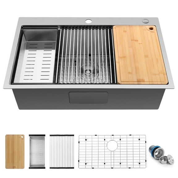 Vesteel Workstation Kitchen Sink, 33” x 22” Drop In Stainless Steel Single Bowl Sink Basin, Topmount Sink include 4 Sink Accessories