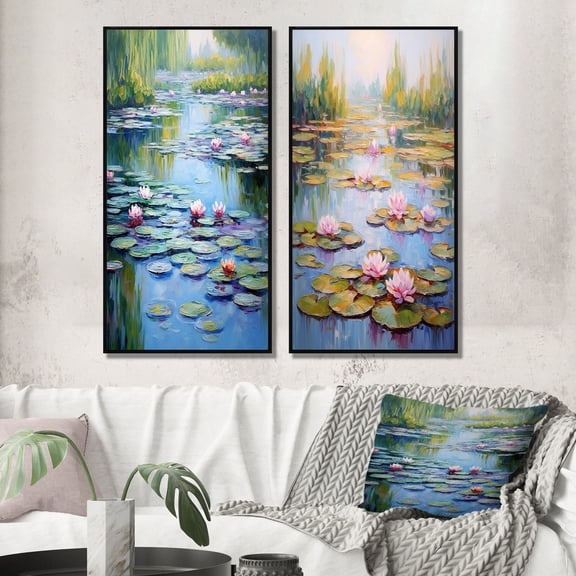 Designart "Tranquil Lake Serenity Pink Water Lilies in Bloom I" Lakehouse Framed Wall Art Set Of 2 - Lake House Green Framed Canvas Set For Living Room Decor