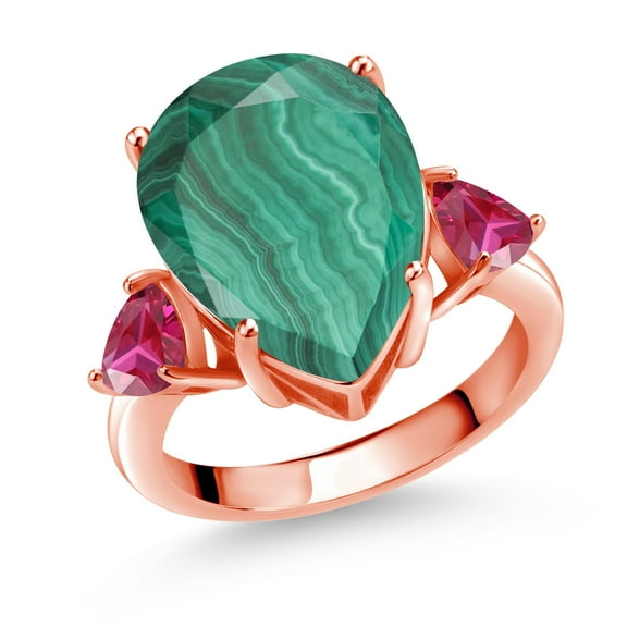 Gem Stone King 10.86 Ct Green Malachite Red Created Ruby 18K Rose Gold Plated Silver Ring (Size 7)