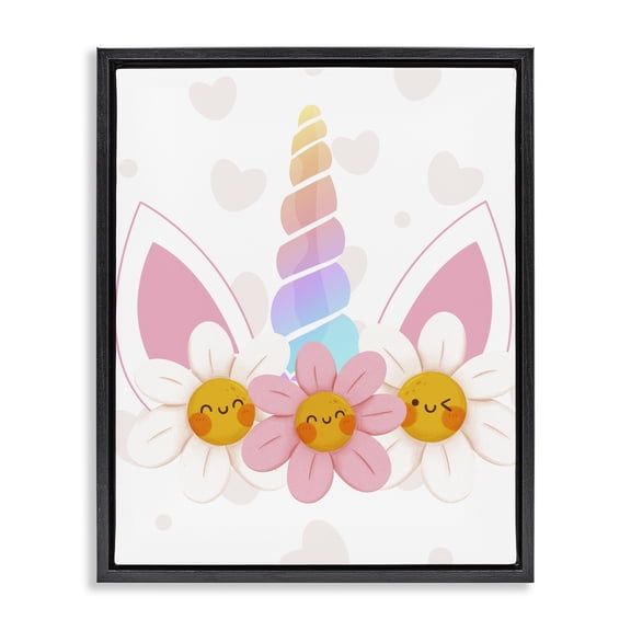 Daisy Unicorn with Hearts Black Framed Floater Canvas Wall Art, design by Jesse Keith