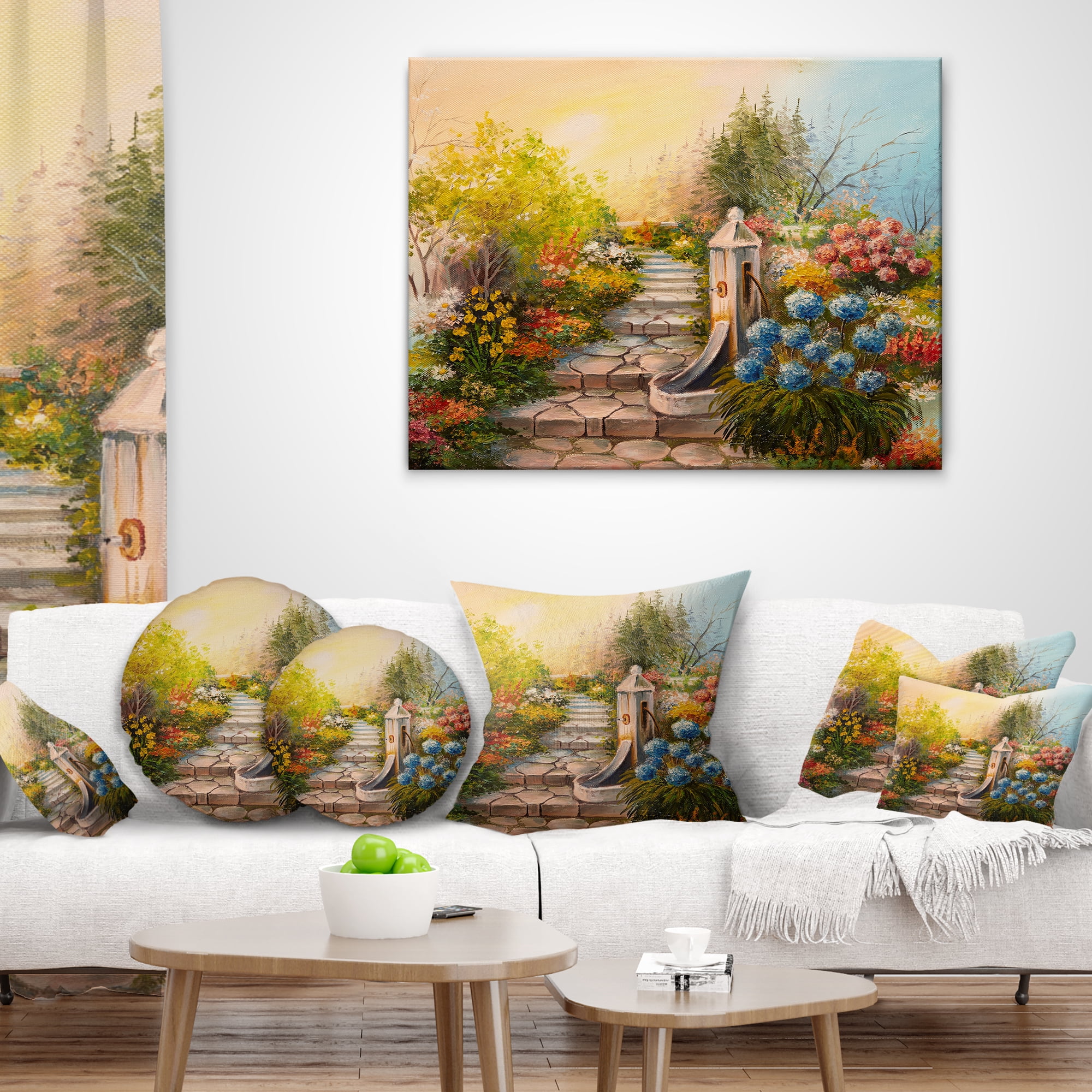 Designart Stone Stairs in Forest - Landscape Painting Throw Pillow - 16x16