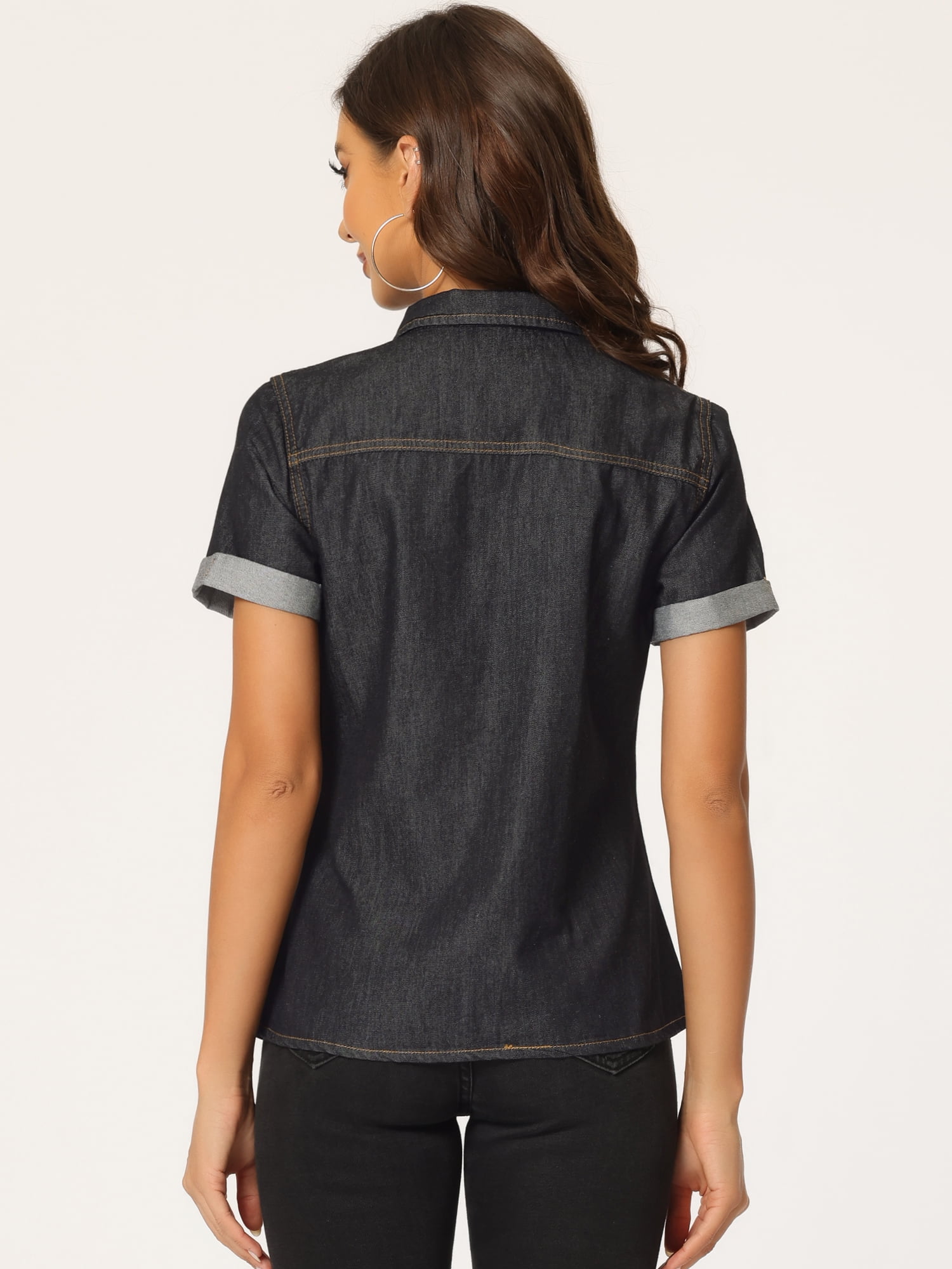 DARING DIVA Women's Denim Collared Short Sleeve Chest Pocket Button Up Shirt XS Black
