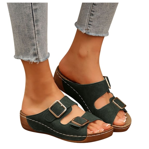 Rokment Womens Buckles Orthopedic Platform Slip on Sandals with Arch Support Comfortable Classic Casual Leather Wedges Walking Dress Slides for Beach Summer AG Size 6