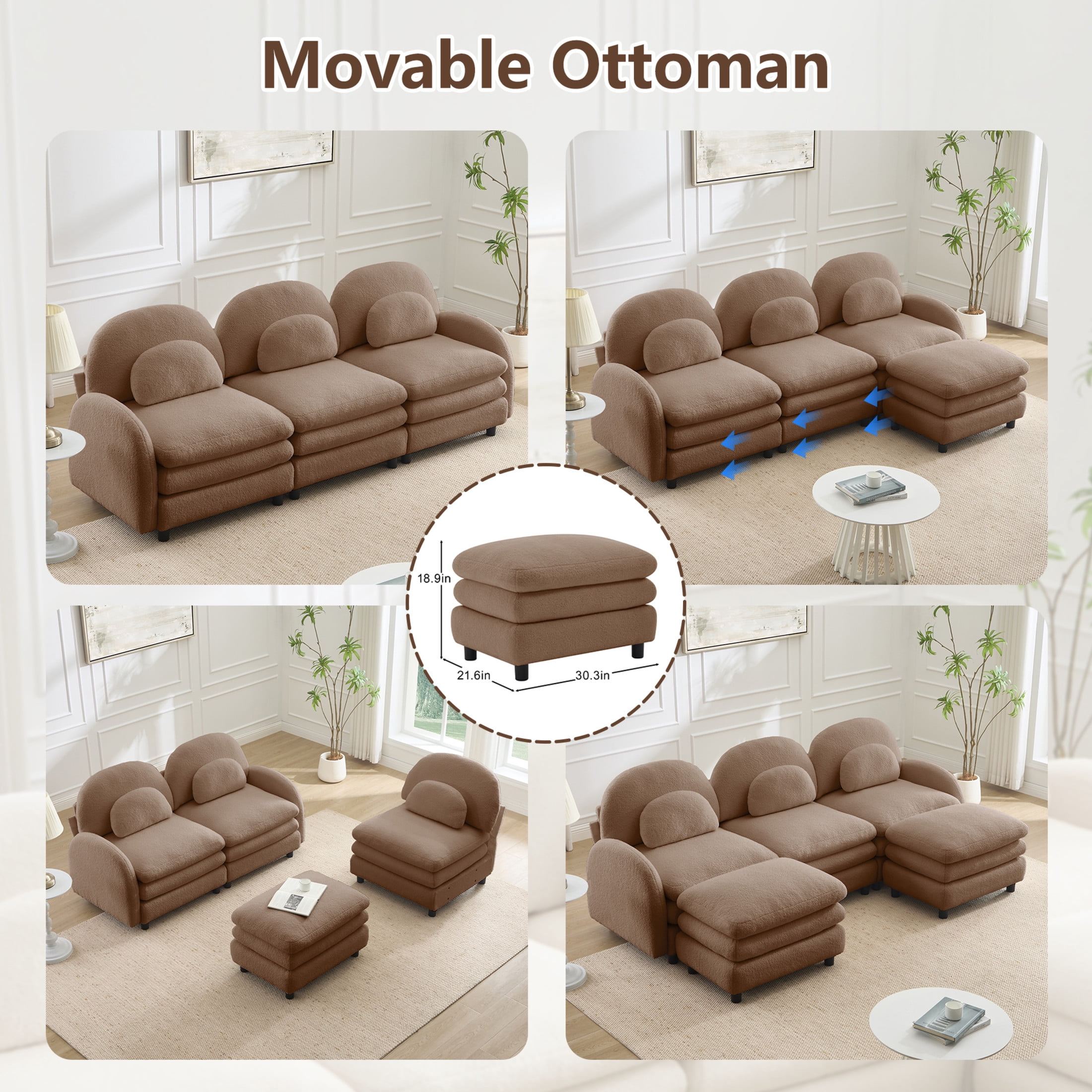 Noble House Windsor Teddy Fabric 4-Seater Sectional Sofa, Modular Cloud Couch with Ottoman and Lumbar Pillows, Camel