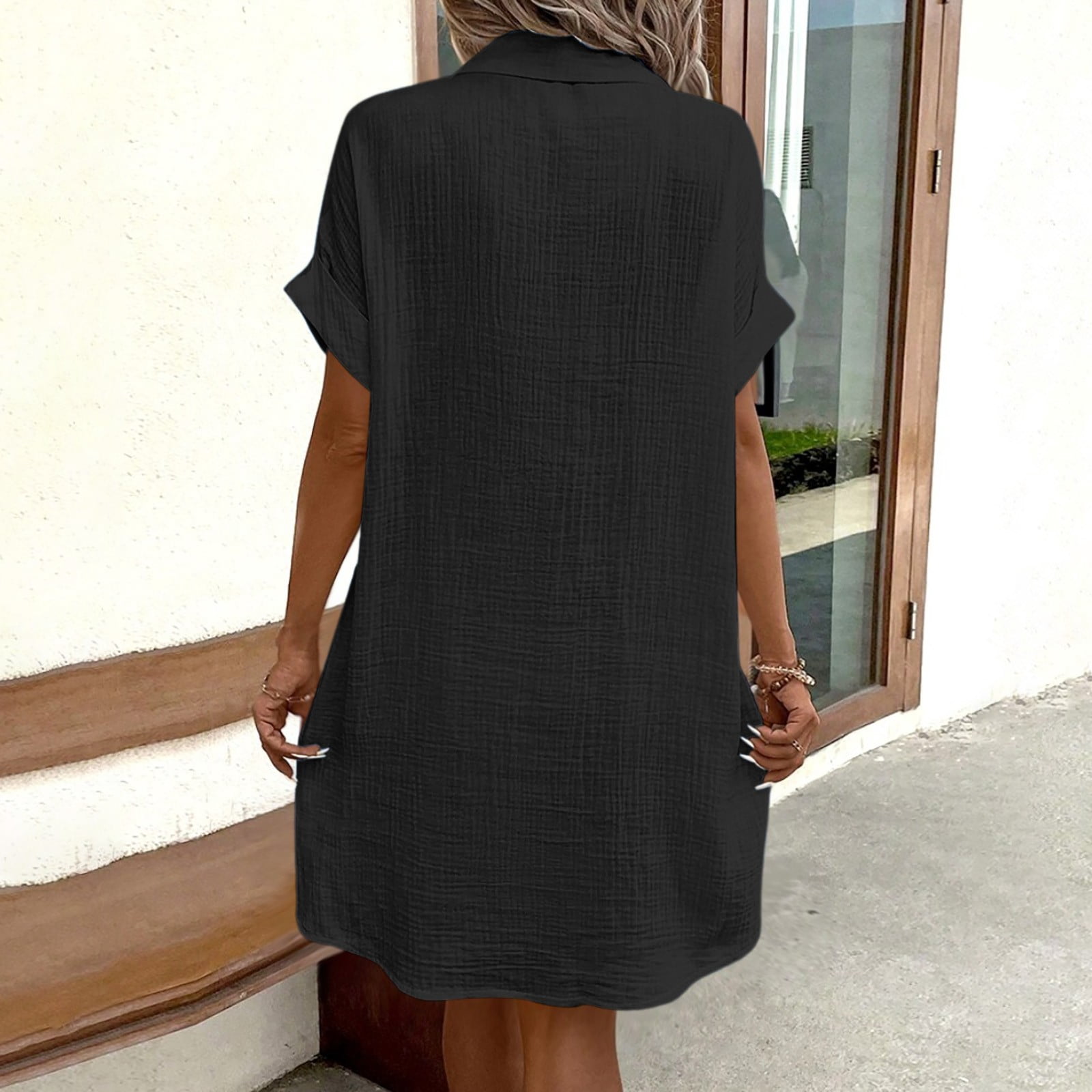 Summer Dresses For Women Solid Color Button Down Lapel Short Sleeve Loose Casual Mid Length Shirt Dress Outwear,Black,M