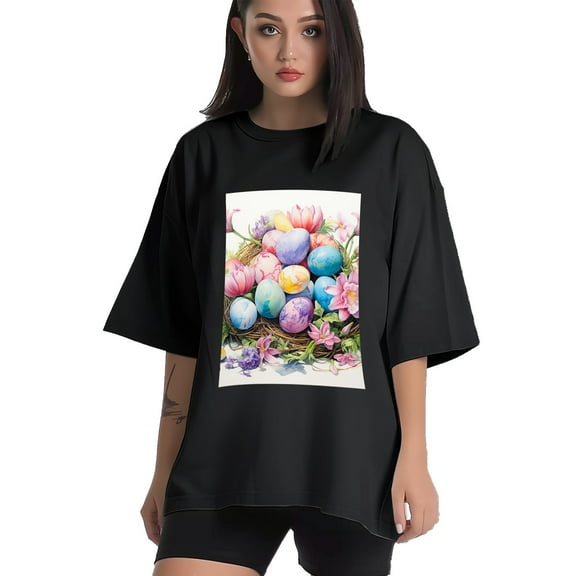 Plus Size Shirt for Women Black Tops for Women Short Sleeves Shirt for Women Watercolor Eggs T Shirt Crewneck Shirt for Women XS